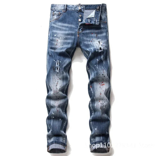 maoxiangshop Men Blue Denim Jeans Skinny Holes Jeans Italian Style Stretch Denim Pants High Quality Male Slim Fit Denim Trousers Size 42