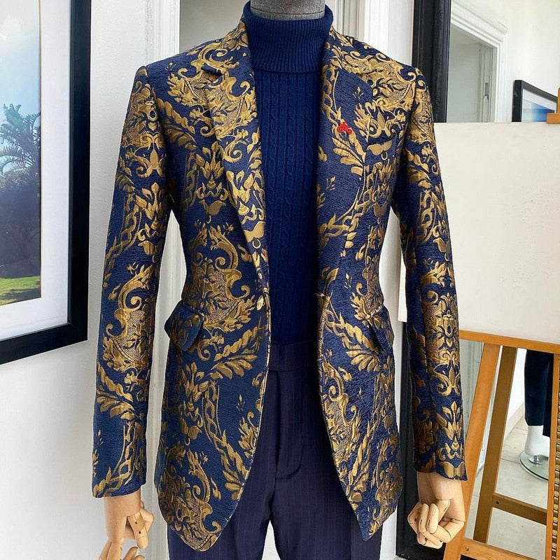 maoxiangshop Floral African Men Suits for Wedding Jacquard Slim Fit Navy Blue Groom Tuxedo 2 Piece Custom Jacket with Pants Male Clothes