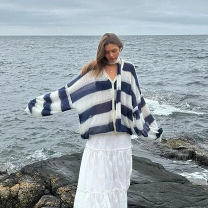 maoxiangshop  -  Striped Knit Sweater Cardigan With Scarf Women Casual V Neck Lantern Sleeve Coat 2024 Autumn Chic Contrast Lady Fashion Knitwear