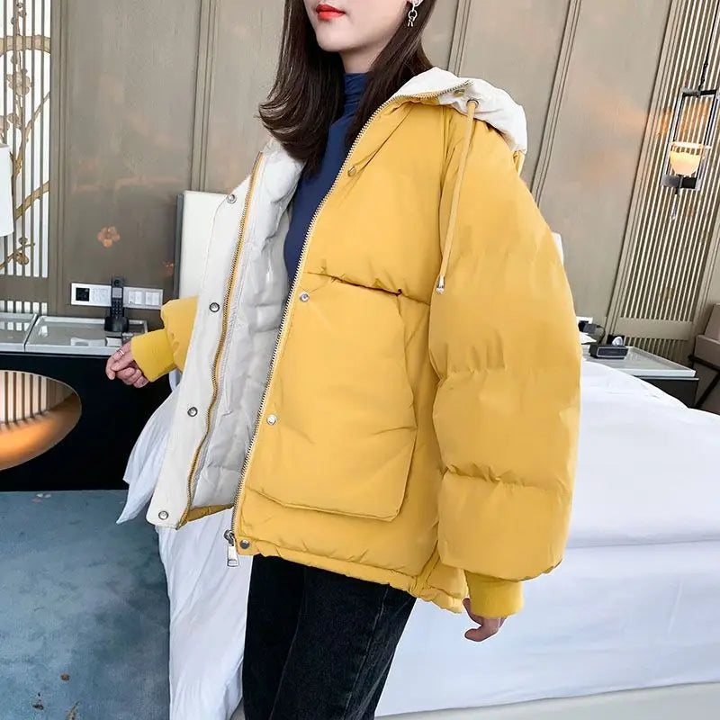 maoxiangshop Hooded Women Jacket Winter Korean Warm Female Cold Coat Pocket Solid Parkas Padding Long Sleeve Thick New in Outerwears