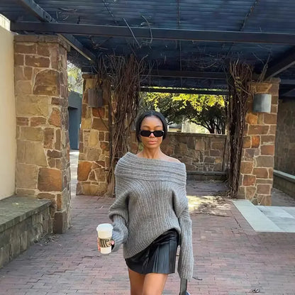 maoxiangshop  -  Off The Shoulder Autumn Women Sweater Pullover Extended Elongated Sleeves Ultra Knitted Sweater Chic Loose Sweaters Streetwear