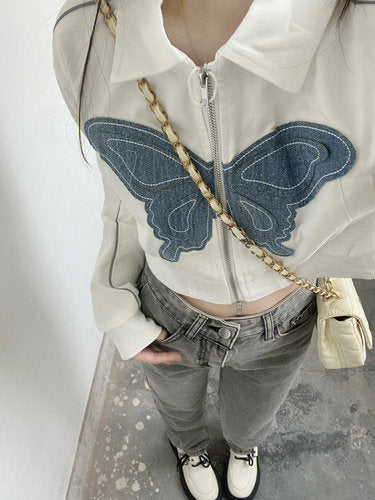 Harajuku Turn-down Collar Zip Up Jacket Women Crop Tops Y2k Vintage Butterfly Embroidery Denim Patchwork Jacket Coat Streetwear