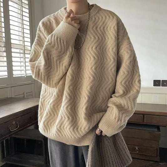 maoxiangshop Harajuku Mens Knitted Sweater Autumn Winter Tops Men Casual Clothes Crewneck Chunky Knit Cardigan Men Pullover Sweaters Shirts