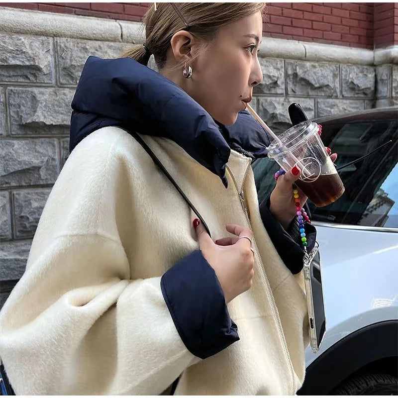 maoxiangshop  -  Zipper Panelled Women's Jackets With Hoodies Casual Drawstring Long Sleeved Jacket Female Autumn Winter Short Loose Outwear Tops