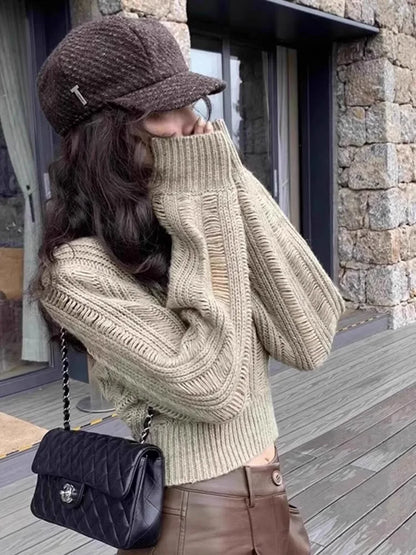 maoxiangshop  -  Unique Design Hollow V-Neck Sweater Women's Autumn And Winter Solid Color Versatile Slimming Knit Sweater