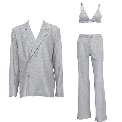 Sliver Sparkly OVersized Blazer Sets For Women Suit Ladies Casual Glitter Coat And Pants Sets Blazer Femme Mujer Party