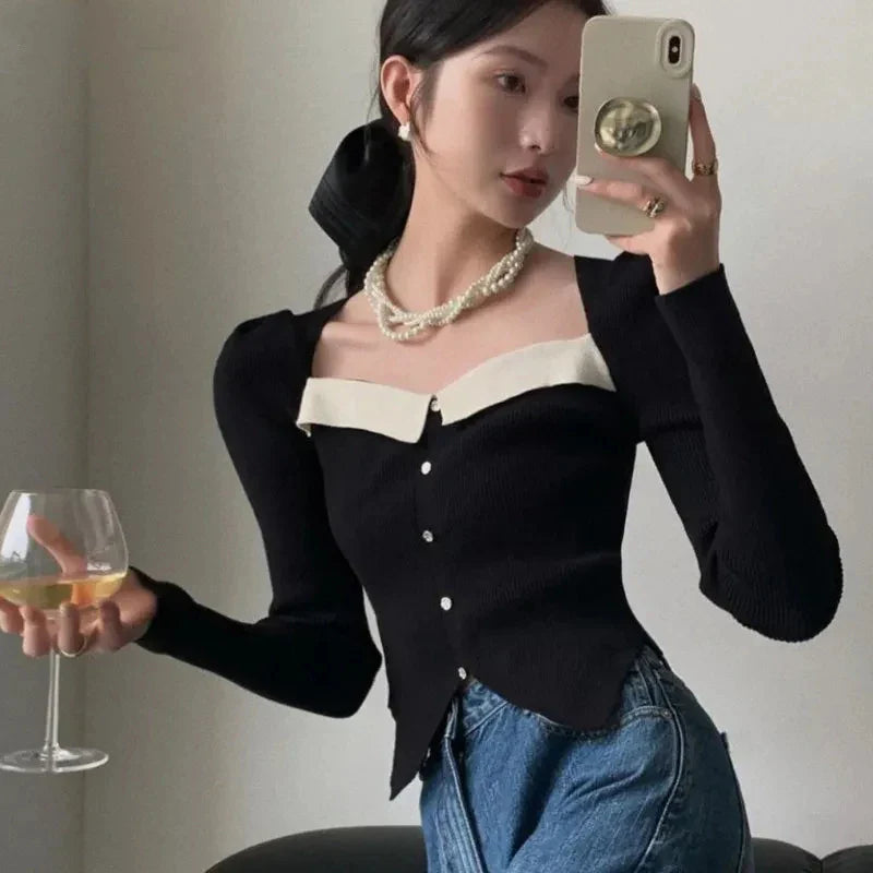 Vintage Knitted Sweater Women Square Collar Cropped Pullovers Korean Elegant Slim Knitwear Simple Patchwork Jumpers Tops