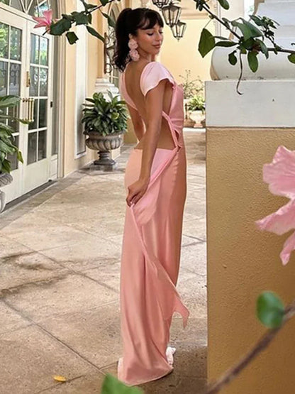 maoxiangshop  -  Sexy Backless Slip Long Dress For Women Elgant Draped Gown Clothes Bandage Sleeveless Slim Solid Color Dresses Autumn New