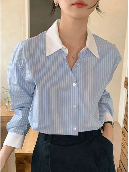 maoxiangshop Striped Shirt Women Contrast Color Casual Blouse Female Lapel Long Sleeve Chic Shirts Ladies Fashion Loose Office Shirt Spring