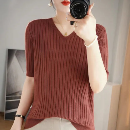 Women Sweater Short Sleeve V-neck Stripe Knitwears Slim Fit Shirt Korean Fashion Pullovers Thin Knit Tops 2023 Bottoming Shirts