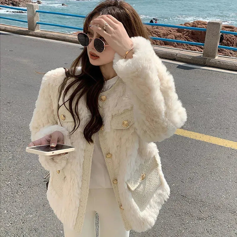 maoxiangshop Autumn Winter Women's Lamb Wool Jacket Korean Style Streetwear O-Neck Faux Fur Coat Woman Warm Thick Furry Fluffy Coat