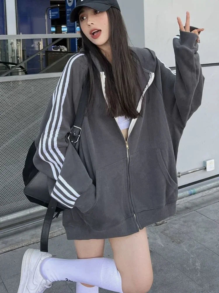 maoxiangshop Casual Zip Hoodie Women Autumn Harajuku Loose Side Stripe Patchwork Long Sleeve Oversized Hoodie School Grey Cardigan