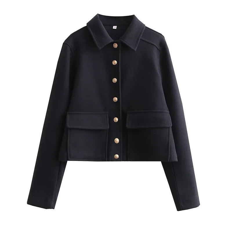 maoxiangshop Autumn Jacket Women Vintage Fashion Metal Button Cropped Coat Female Elegant Casual Long Sleeve Lapel Single Breasted Outerwear