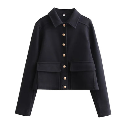 maoxiangshop Autumn Jacket Women Vintage Fashion Metal Button Cropped Coat Female Elegant Casual Long Sleeve Lapel Single Breasted Outerwear