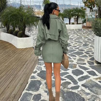 maoxiangshop  -  Short Jacket Skirt Two-Piece Set For Women Retro Button Slim Splice Mini Skirt Female Autumn Streetwear Matching Sets