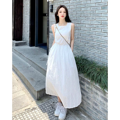 maoxiangshop Summer Square Collar Embroider White Dress Women Elegant Party Solid Drawstring Female Sundress Fashion Chic Midi Dresses