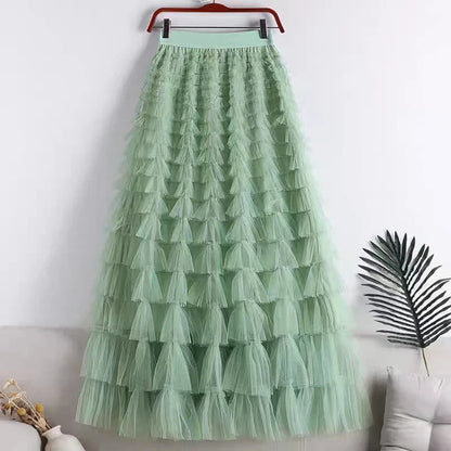 maoxiangshop 2024 New Spring Summer Women High Waist Slim Long Skirt High Quality Lolita Style Sweet Multilayered Mesh Patchwork Cake Skirt