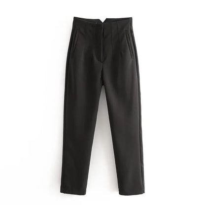 maoxiangshopWomen Light Blue Chic Fashion Office Wear Straight Pants Vintage High Waist Zipper Fly Female Trousers Fashion