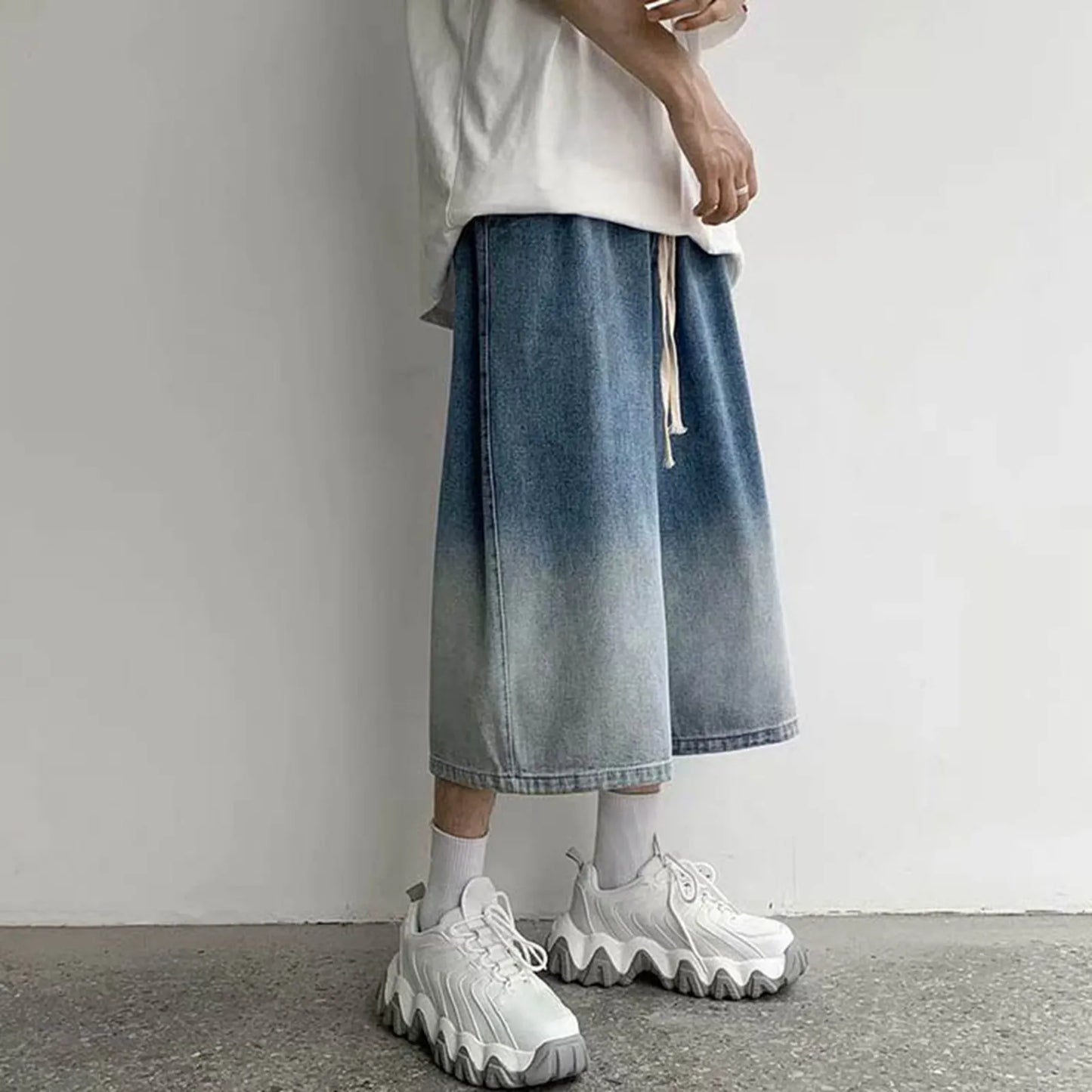 maoxiangshop 2024 New Summer Men's Denim Shorts Casual Summer Shorts Elastic Waist Wide Leg Shorts Drawstring Baggy Jeans Shorts Male Summer
