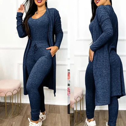 maoxiangshop Drawstring Pocket Design Jumpsuit & Coat Set Autumn Women One Piece Long Pants Jumpsuit High Waist Coats Two Piece Sets