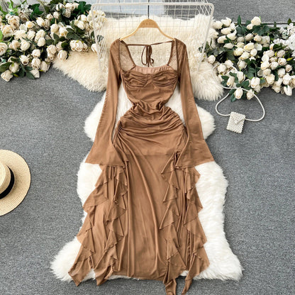 maoxiangshop Double Layer Mesh Dress Spaghetti Strap Slim Bandage Sexy Bodyon Dress Backless Autumn Winter Dresses With Lining