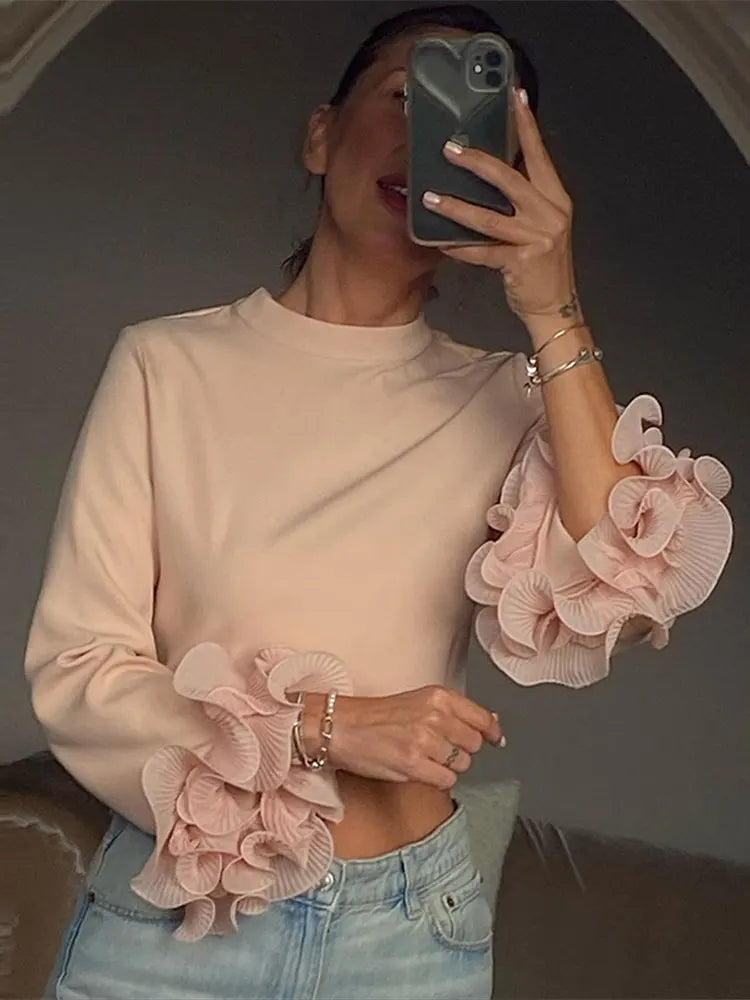 maoxiangshop Elegant Pink Pleated Round Collar Shirt Casual Slim Fit Long Sleeve Short Tops 2023 Fashion Female Autumn Office Ladies Pullover