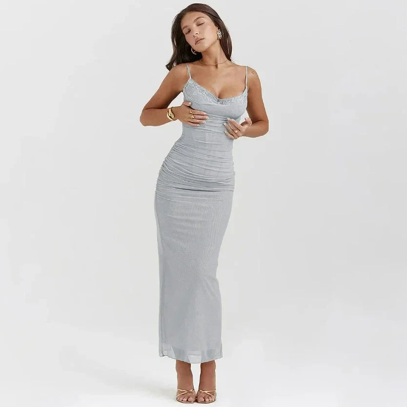 Elegant and Pretty Women's Dresses gray Spaghetti Strap Mesh Corset Dress Midi Sexy Bodycon Birthday Dress