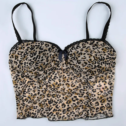 maoxiangshop Leopard Print Mesh Camis Streetwear Y2K Vintage Lace Bow see Through Sexy Summer Backless Crop Top Women Mini Vest 2024