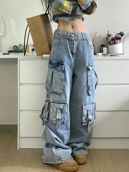 maoxiangshop Autumn Winter New Ladies Cargo Jeans American Street Style Baggy Cargo Pants Women Blue Multi-pocket Wide Leg Jeans for Women