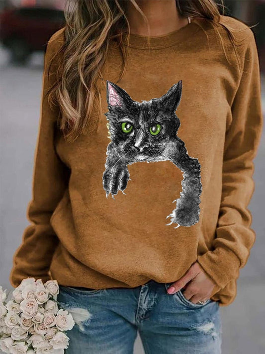 maoxiangshop Autumn and Winter New Solid Color Women's Fashion 3D Cat Print Round Neck Top Hoodie Long Sleeve Fashion Versatile Casual Hoodie