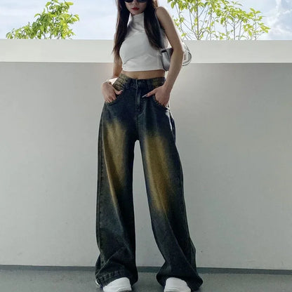 Xpqbb Korean Fashion High Waist Denim Trousers Women Vintage Washed Do Old Loose Wide Leg Jeans Female Baggy Y2K Cowboy Pants