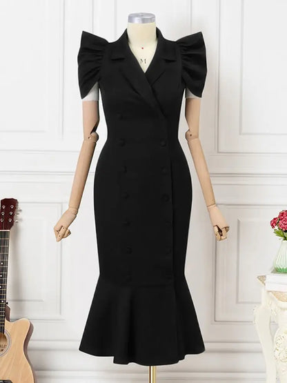 maoxiangshop Summer Puff Sleeve Belted Midi Vestidos Elegant OL Mermaid Dress Women Fashion Slim Suit Dress Chic Notched Collar Robes