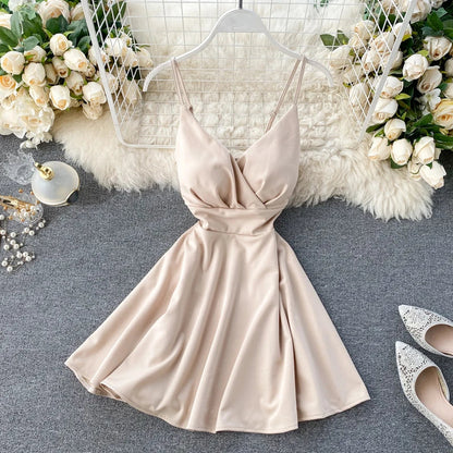 Women A-line Sexy Dress V-Neck Spaghetti Strap Backless Mini Dresses Soild Color Vestidos Slim Trend 2020 High Waist For Party