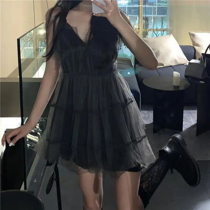 maoxiangshop Sexy Gothic Woman Dresses Mini V-neck Black Short Sleeveless Dress Mesh Hotsweet Vintage One-piece Party Dress Summer