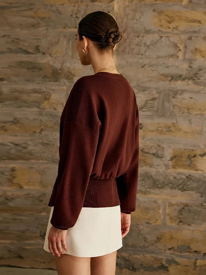 maoxiangshop  -  Vintage Brown One Button Knitted Cardigan Women Fashion V Neck Full Sleeves Cropped Sweater Autumn Elegant Lady High Street Tops