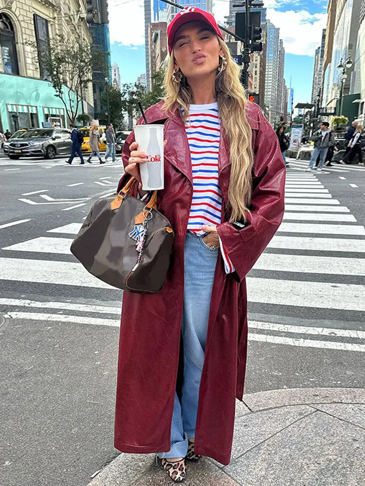 maoxiangshop -  Elegant With Belt Pu Leather Coat Women Turn Down Collar Full Sleeve Split Trench Coats Autumn Red Overcoat High Streetwear
