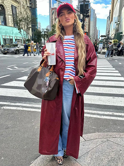 maoxiangshop -  Elegant With Belt Pu Leather Coat Women Turn Down Collar Full Sleeve Split Trench Coats Autumn Red Overcoat High Streetwear