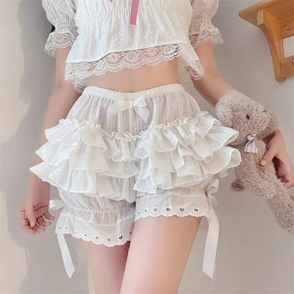 maoxiangshop Black White Ruffle Knickers Women Kawaii Pumpkin Panties Cute Lace Bowknot Lolita Safety Shorts Pants Vintage Victorian Bloomers