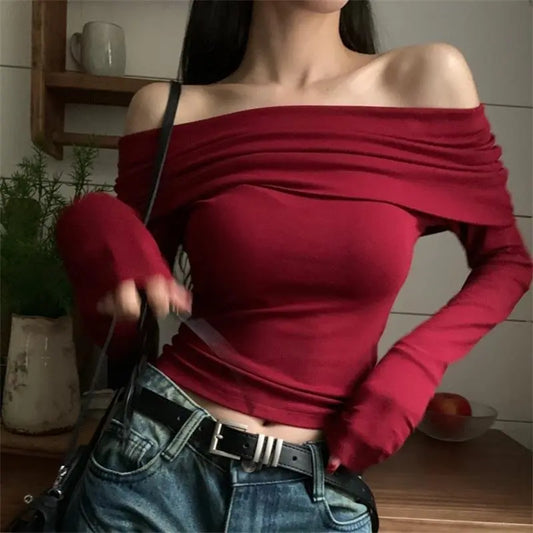 maoxiangshop2 Sexy Tops Off Shoulder Long Sleeve Crop Top Women's Autumn/Winter 2023 New Spicy Girl Slim Fit Short Red T-shirt