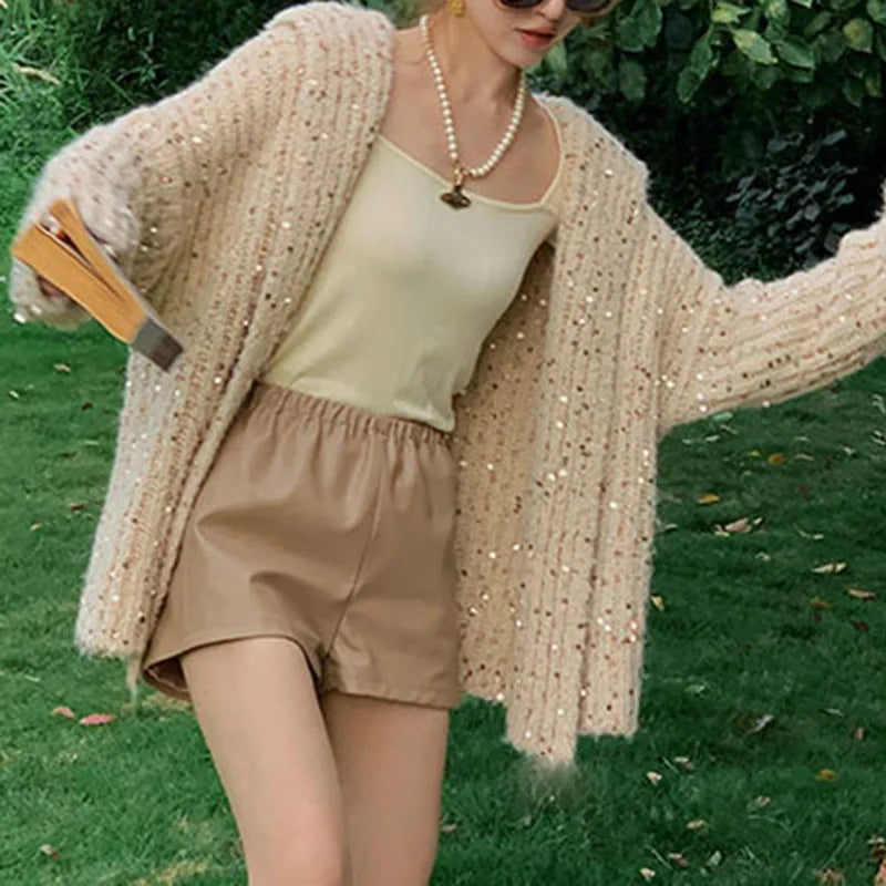 maoxiangshop  -  Sequined Gradient Knitted Hooded Cardigan Women's Sweater Loose Long Sleeve Gentle Wind Sweaters Coat Autumn Winter Warm Jacket
