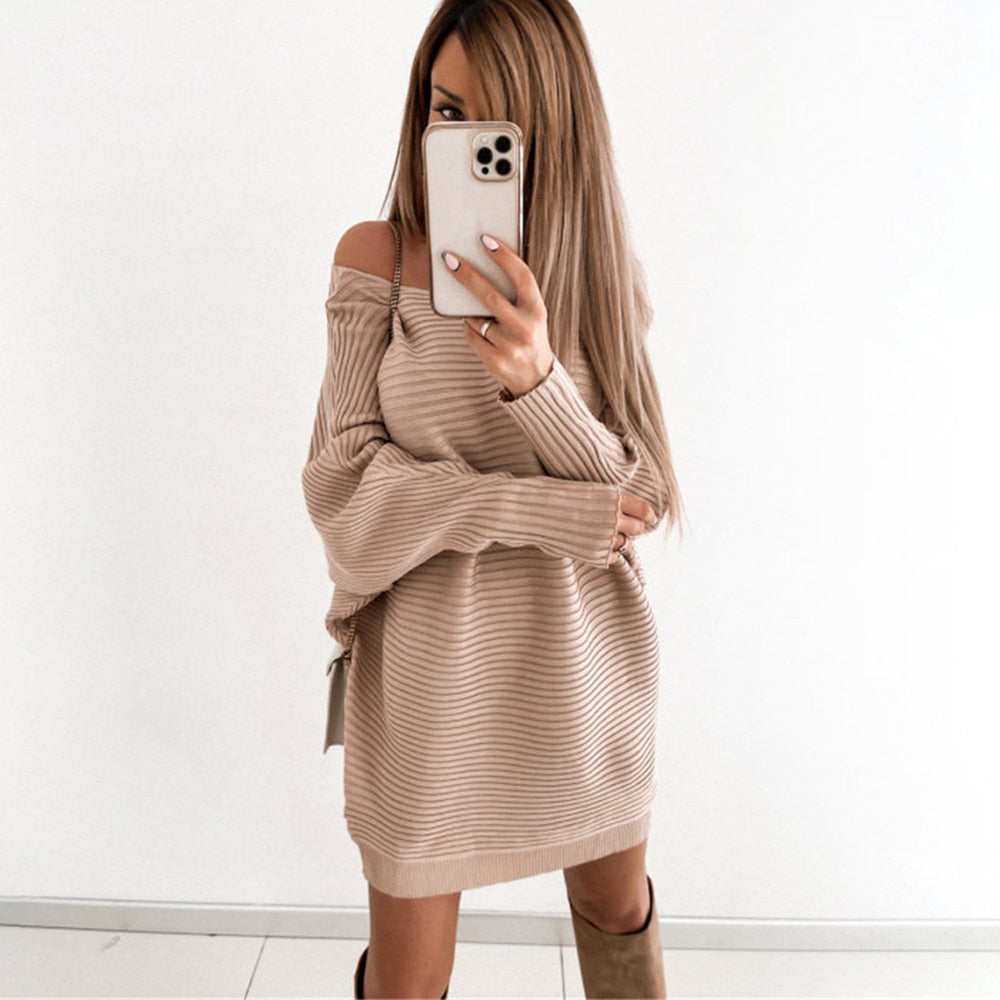 maoxiangshop Sexy Off Shoulder Long Sleeve Sweater Dress Women Spring Loose Casual White Knitted Long Top Woman Mini Dresses Pull Femme