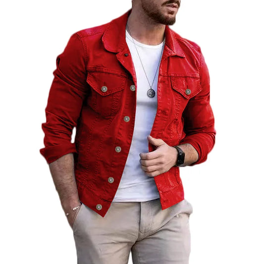 maoxiangshop FALL OUTFITS Men's Jacket New Mens Denim Jacket Slim Fit Fashion Casual Pocket Jacket Coat Men Handsome Spring Autumn Classic Red Coat