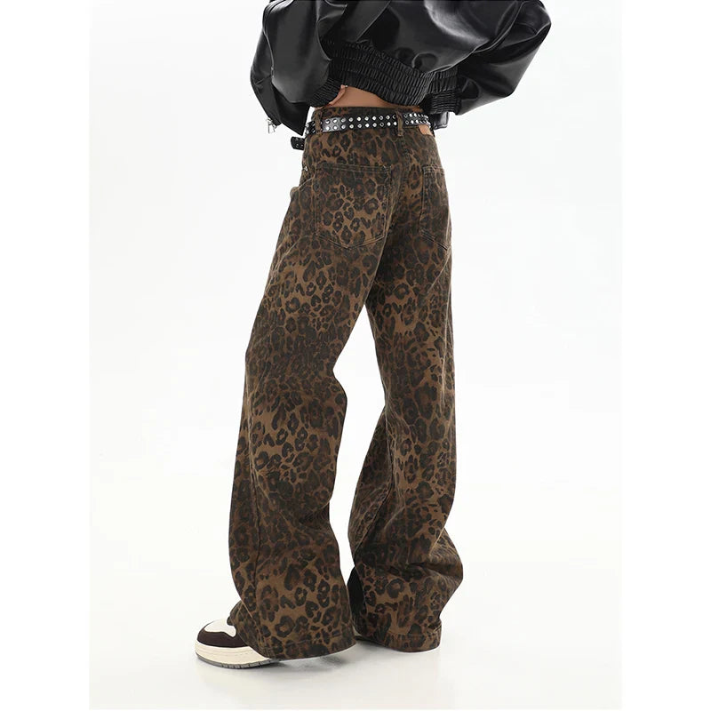 Women's Brown Jeans Leopard Print Retro Straight Tube Baggy Pants Fashion Street Fashion Y2K Jeans New Winter Leggings