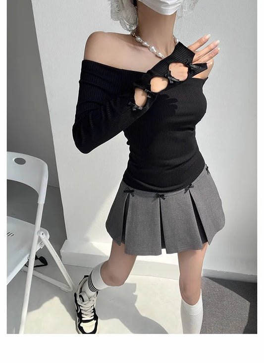maoxiangshop  -  2024 New Autumn Women Y2K T-Shirts Shoulder Streetwear Fairycore Hip Hop Tops Punk Casual Tees Female Clothes Leisure Fashion
