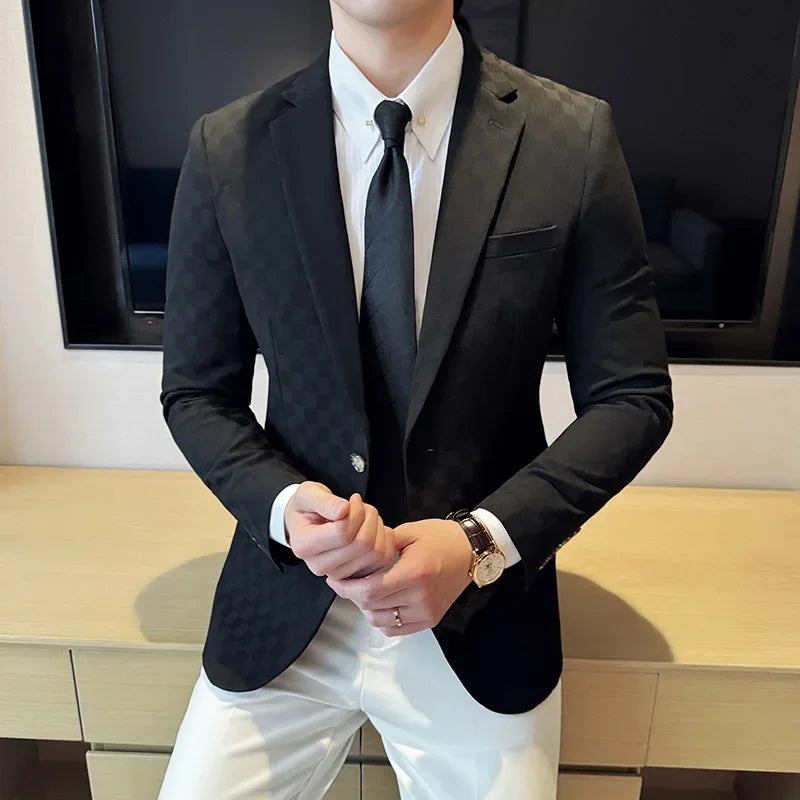 maoxiangshop Plus Size 5XL-M Luxury Checkered Slim Fit Business Blazers Mens 2024 Formal Single Button Fashion Social Party Suit Jacket