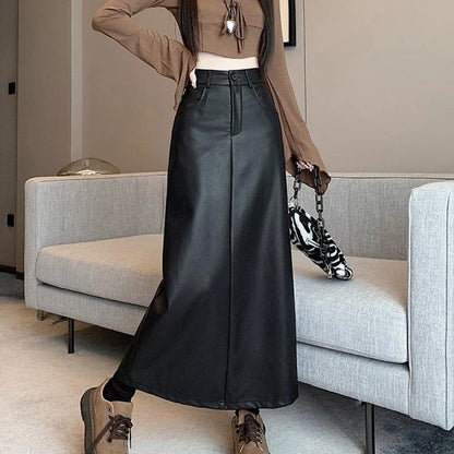 maoxiangshop Vintage Coffee Black Long Skirt for Women Casual Back Split Pu Leather Skirts Ladies Autumn Winter High Waist A-Line Skirt