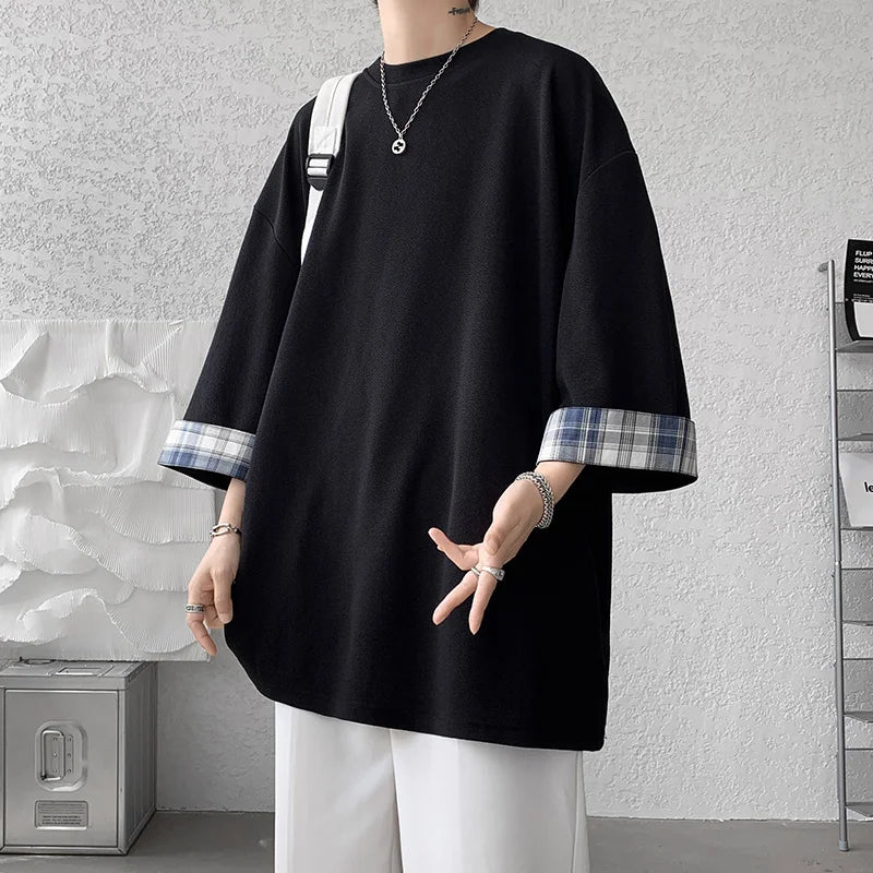 maoxiangshop Spring Summer Men's T-shirts Women Oversized 2XL Korean Style Loose Plaid T-shirt Casual Seven sleeves T-Shirt Male White