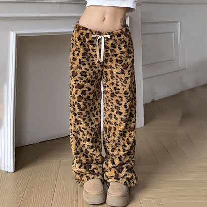 maoxiangshop  -  American Retro Leopard Print Plush Casual Pants Women Autumn Winter Streetwear Hot Girls Loose Warm Harajuku Y2K Pants