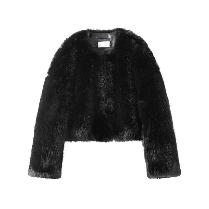maoxiangshop  -  Short Faux Fur Coats Women Plush Autumn Winter O-neck Open Stitch Loose Women's Coat Long Sleeve Casual Jacket Female Streetwear