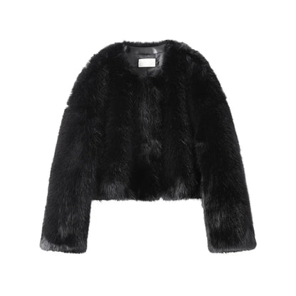 maoxiangshop  -  Short Faux Fur Coats Women Plush Autumn Winter O-neck Open Stitch Loose Women's Coat Long Sleeve Casual Jacket Female Streetwear